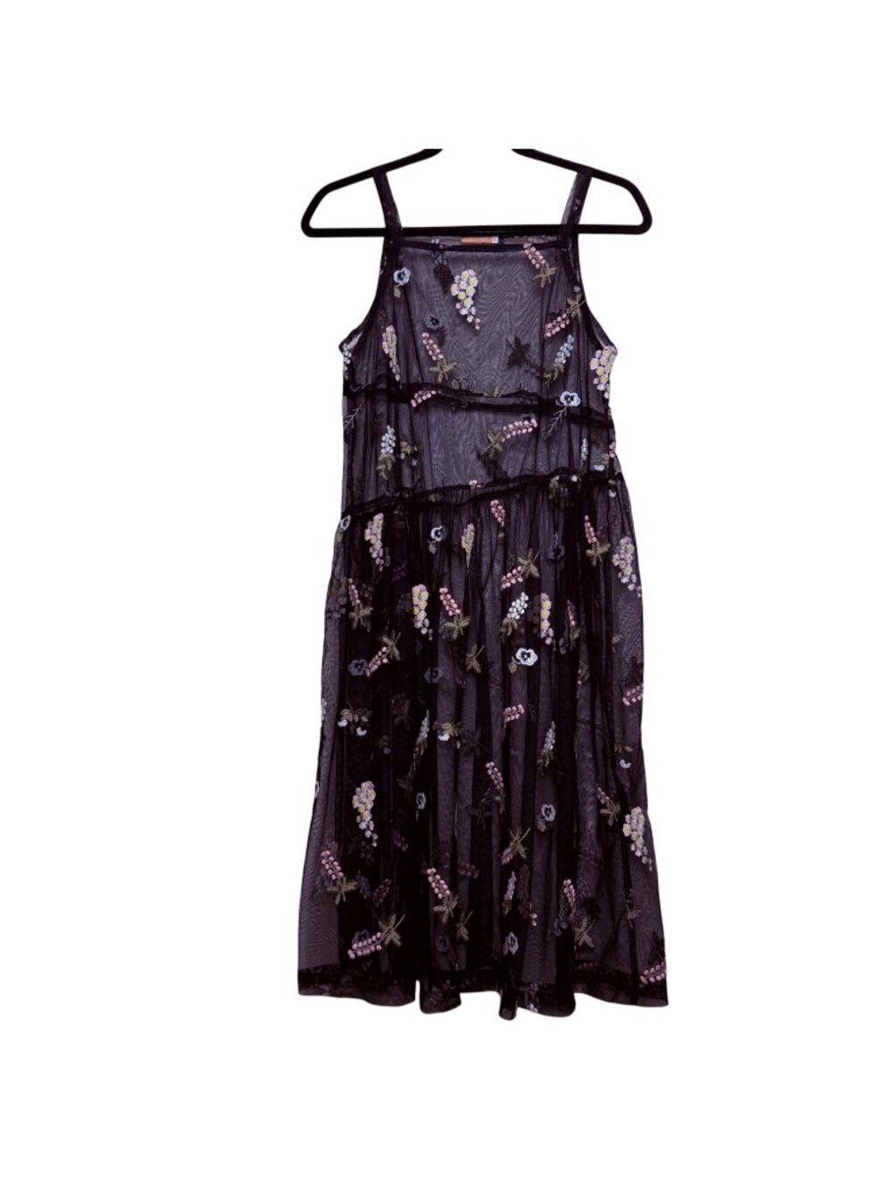 NAKED Sheer Black Midi-Length Tank Dress Delicate Floral Embroidery Sz M
